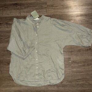 H&M Linen Blend Women's M Button Down Blouse Green Cottagecore Puffy Sleeve